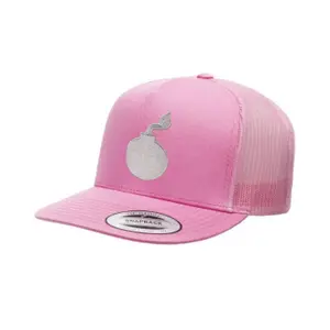 FLAT BILL PINK SNAPBACK TRUCKER HAT WITH BOMB LOGO