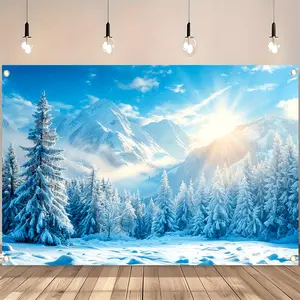 1pc 2D Flat Christmas Merry Photography Backdrop Banner, Polyester, Sunny Snowy Mountain Forest Design, Durable with 4 Holes for Easy Hanging, Multi-Use for Home Wall Decor, Entryway, Room, Winter Christmas New