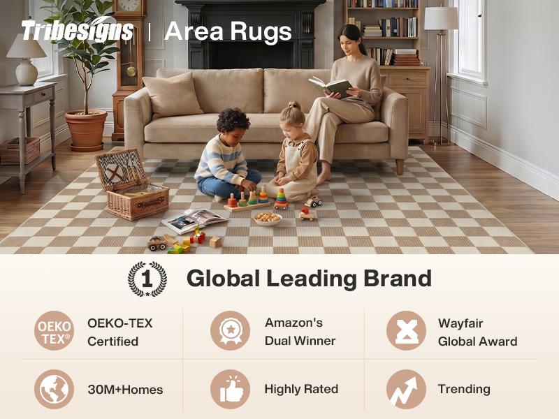 Tribesigns Checkered 5x7 Washable Area Rugs for Bedroom, Soft Non-Slip Brown Rug for Bedroom Dining Room, Geometric Indoor Throw Carpet for Entryway Office Playroom, Oeko-Tex Certified