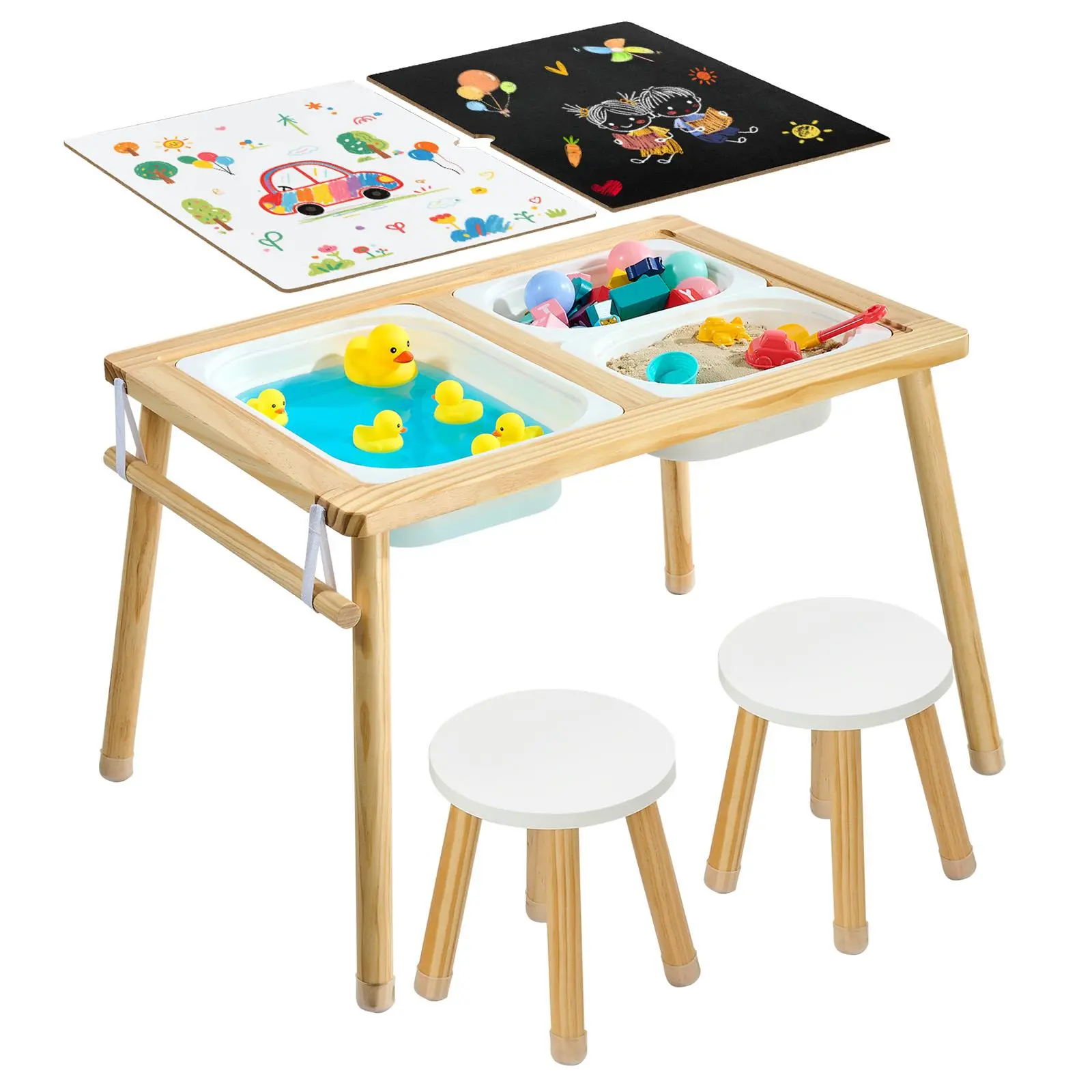 【SummerFinds】VEVOR Sensory Table for Toddlers, Wooden Kids Activity Table with 2 Stools, Double-Sided Board, Storage Bins, and Non-Slip Feet, for Boys and Girls Playing Sand and Water, Drawing, Studying, Dining