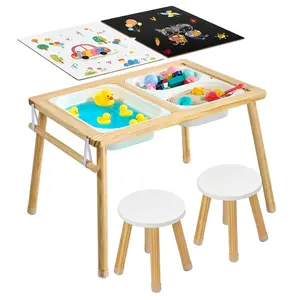 VEVOR Sensory Table for Toddlers, Wooden Kids Activity Table with 2 Stools, Double-Sided Board, Storage Bins, and Non-Slip Feet, for Boys and Girls Playing Sand and Water, Drawing, Studying, Dining