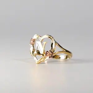 14K Gold Heart & Rose Initial "N" Ring