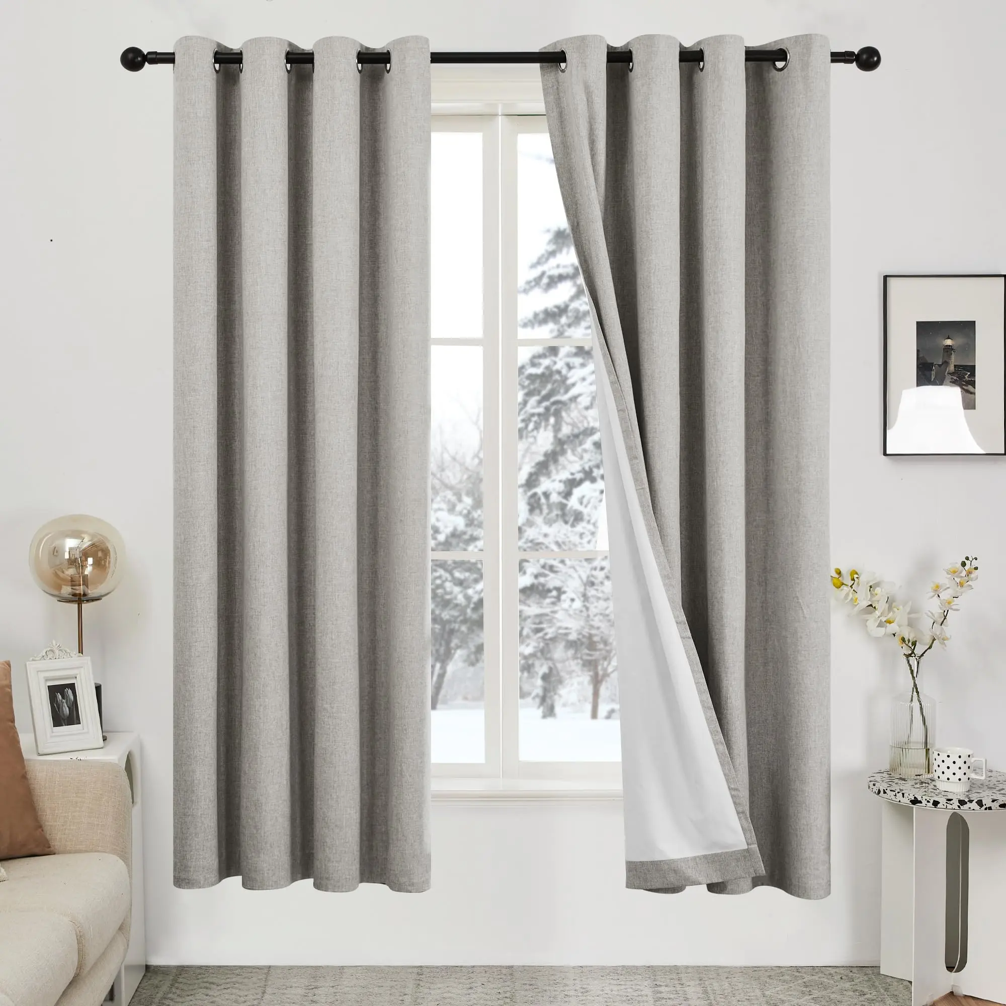Deconovo 100% Blackout Linen Textured Curtains - Thermal Insulated Energy-Saving Blackout Window Cover Drapes, Noise Reducing for Bedroom, Living Room, 2 Panels (Mirage Gray, 52W x 63L in)