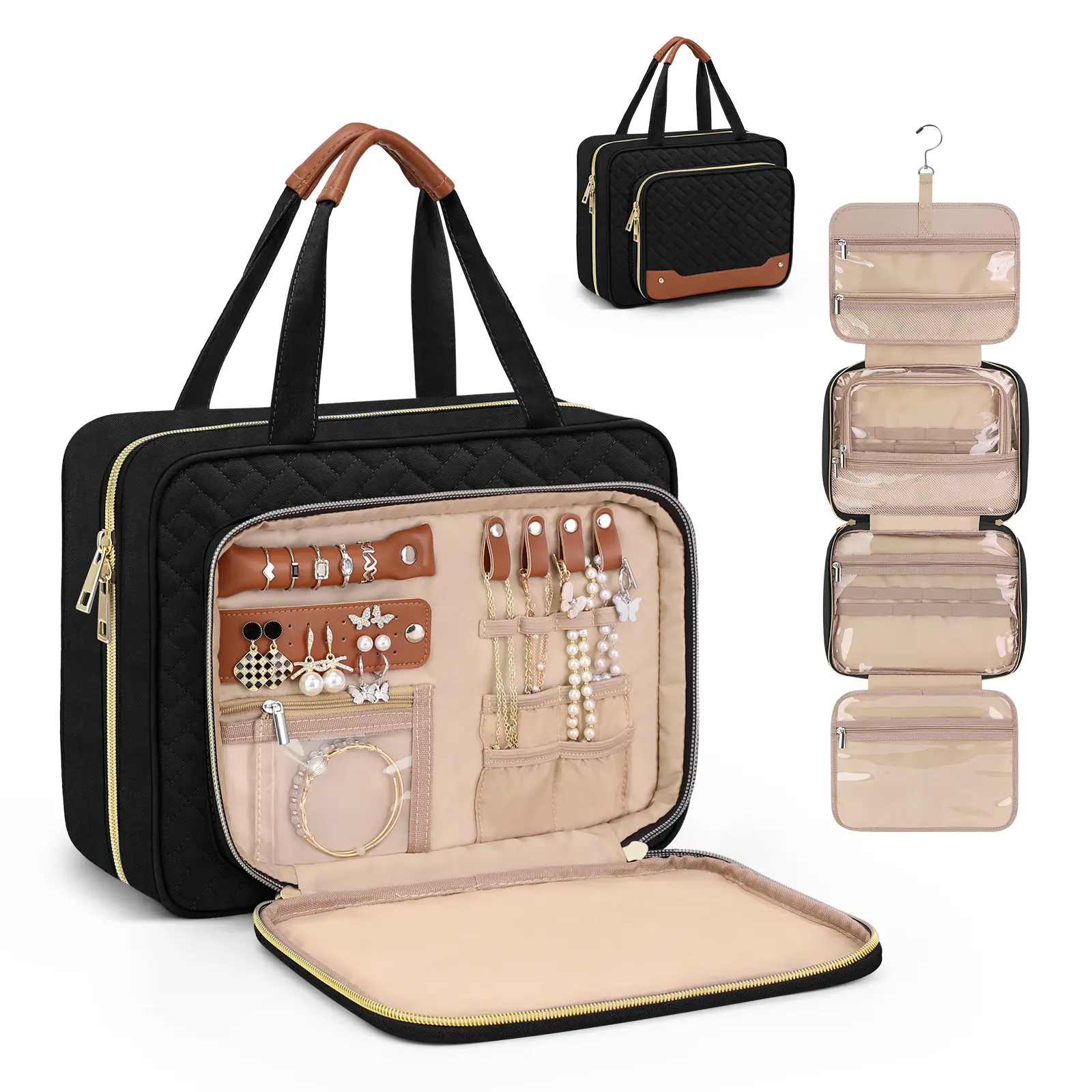 Wedama Hanging PVC Plain Make-Up Bag with Double Handles, Waterproof Zippered Pouches, Compartments, Space-Saving Design, On-the-Go Jewelry Storage for Cruise Trips, Weekend Getaways, Pouches Make-Up Bags, Zippered Make-Up Bags