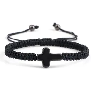 Handmade Colorful Braided Rope Cross Lucky Protection Pray String Bracelet Inspirational Religious Christian Friendship Couple Adjustable Wrist Jewelry for Women Men