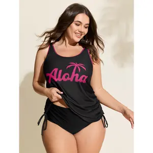 BLOOMCHIC Plus Size Aloha Holidays Embroidered Tankini Swim Top - Nylon Trendy Casual Tankini Outfit Swimsuit, Resort Wear 2026 Summer Beach Swimwear [M-6X]