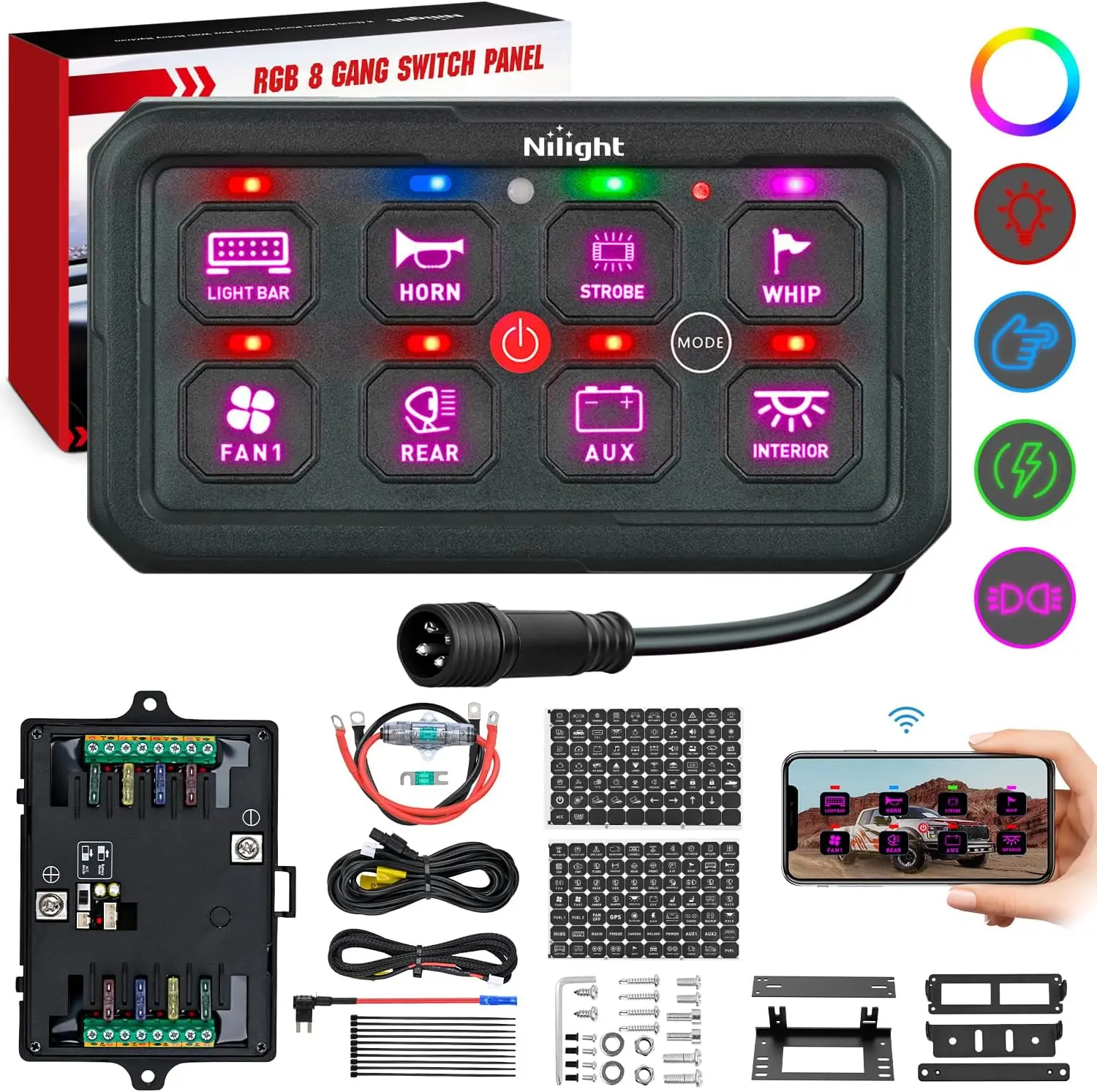 Nilight 8-Gang Switch Panel Circuit Control Relay System - 12V-24V Vehicle Automotive Electrical Accessory with APP RGB Backlight, Double Row Fuse Wiring Harness, Toggle/Momentary/Strobe Modes, Automatic Dimming, Strobe Light Module for Cars, Trucks, Cent