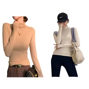 Women's Long Sleeve T- shirt, Mock Neck, Half Turtleneck, Solid Color Stretch T-shirt, Lightweight Tight tops, Slim fit, Fall Winter Stretch Tight Fitted Thermal Shirts Womenswear Tshirt Minimalist Streetwear