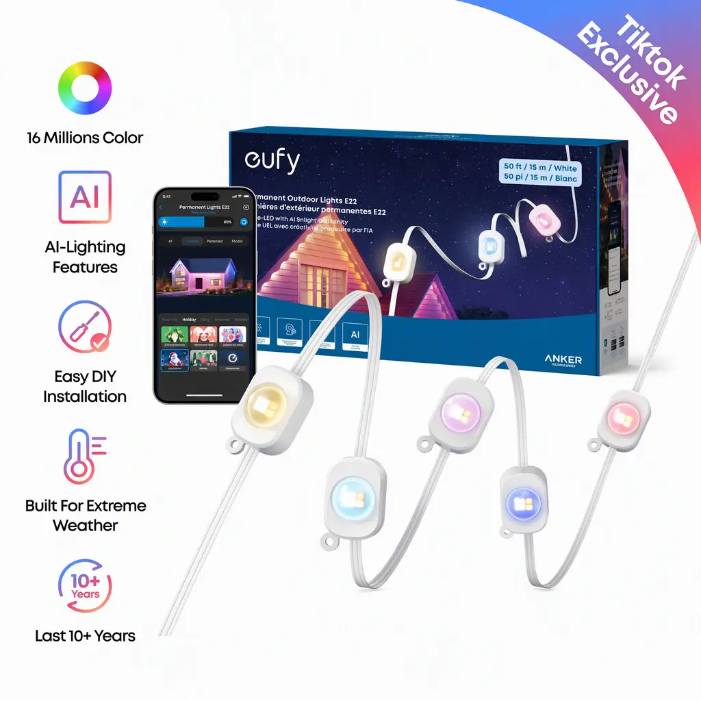 eufy E22 Permanent Outdoor Lights - 100ft 60 Triple-LED Dimmable WiFi Lights with Adhesive Tape, Flexible Smart RGBWW Color Changing, IP67 Waterproof, AI Themes, Camera Link Compatibility (for Christmas & Daily Use)