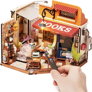 ROBOTIME Rolife DIY Miniature Dollhouse Kit – DG164 Corner Bookstore, LED Wooden Craft Diorama, Unique Decorative Hobby Gift