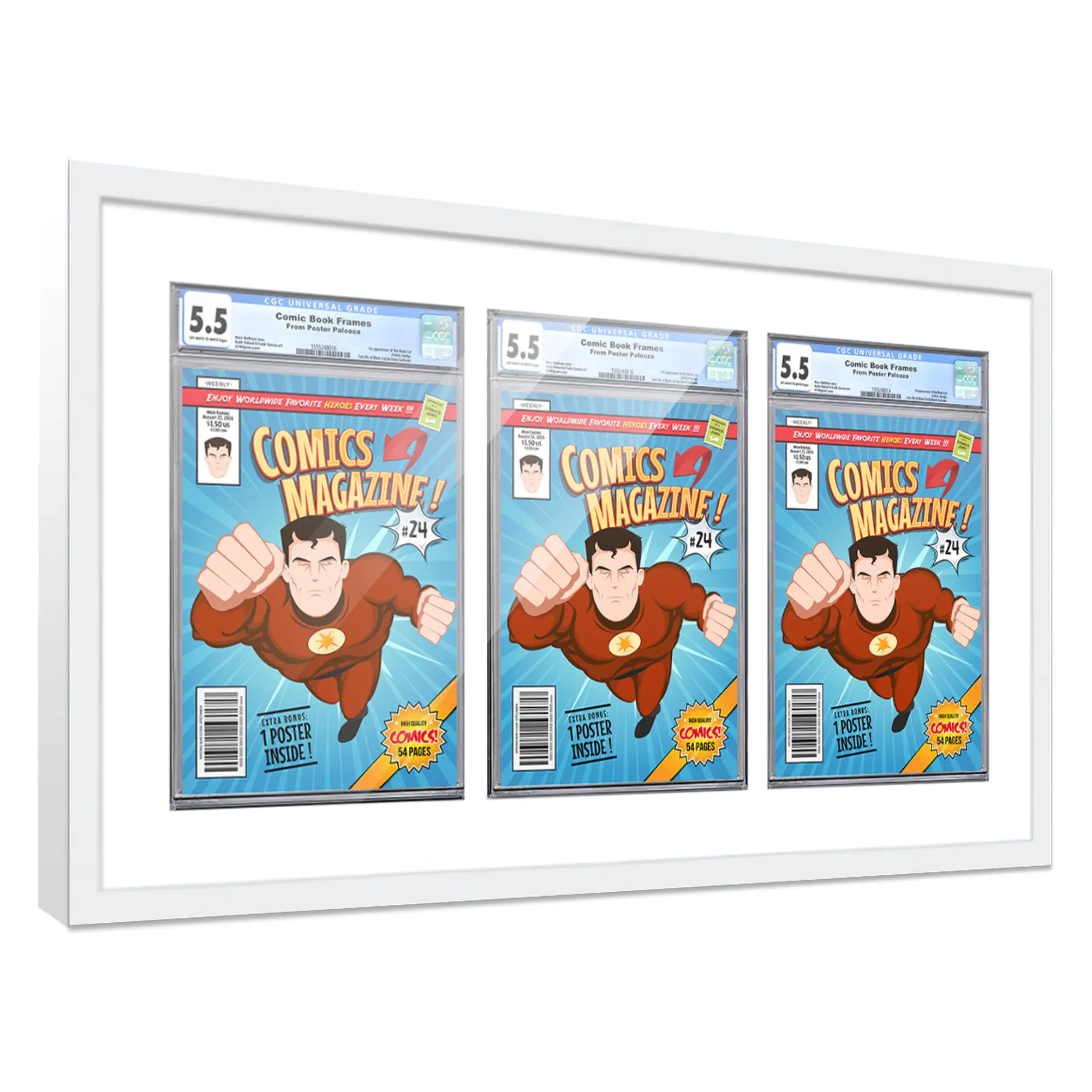 Comic Book Frame with Mat for 3 Graded Comics - White Wood Comic Frame With White Mat for 8.125x13 Comics - 30x16.5 Frame Size