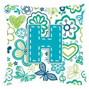 Carolines Treasures  Letter H Flowers And Butterflies Teal Blue Canvas Fabric Decorative Pillow