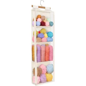 Beige Hanging Yarn Storage with 4 Large Pockets, Clear Knitting Organizer Storage with Zippers for Crochet Lovers, Hanging Yarn Holder with Over-Door Hooks for Knitting Needles Crochet Hooks