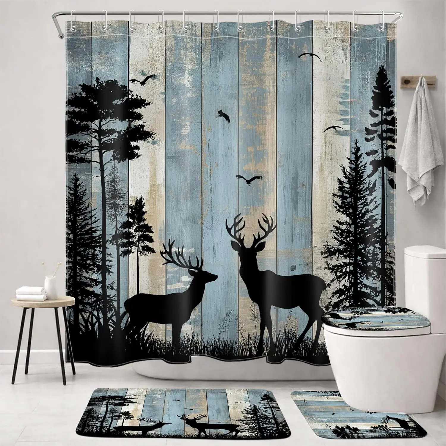 Rustic Cabin Deer Shower Set with Rugs, 72x72 inch