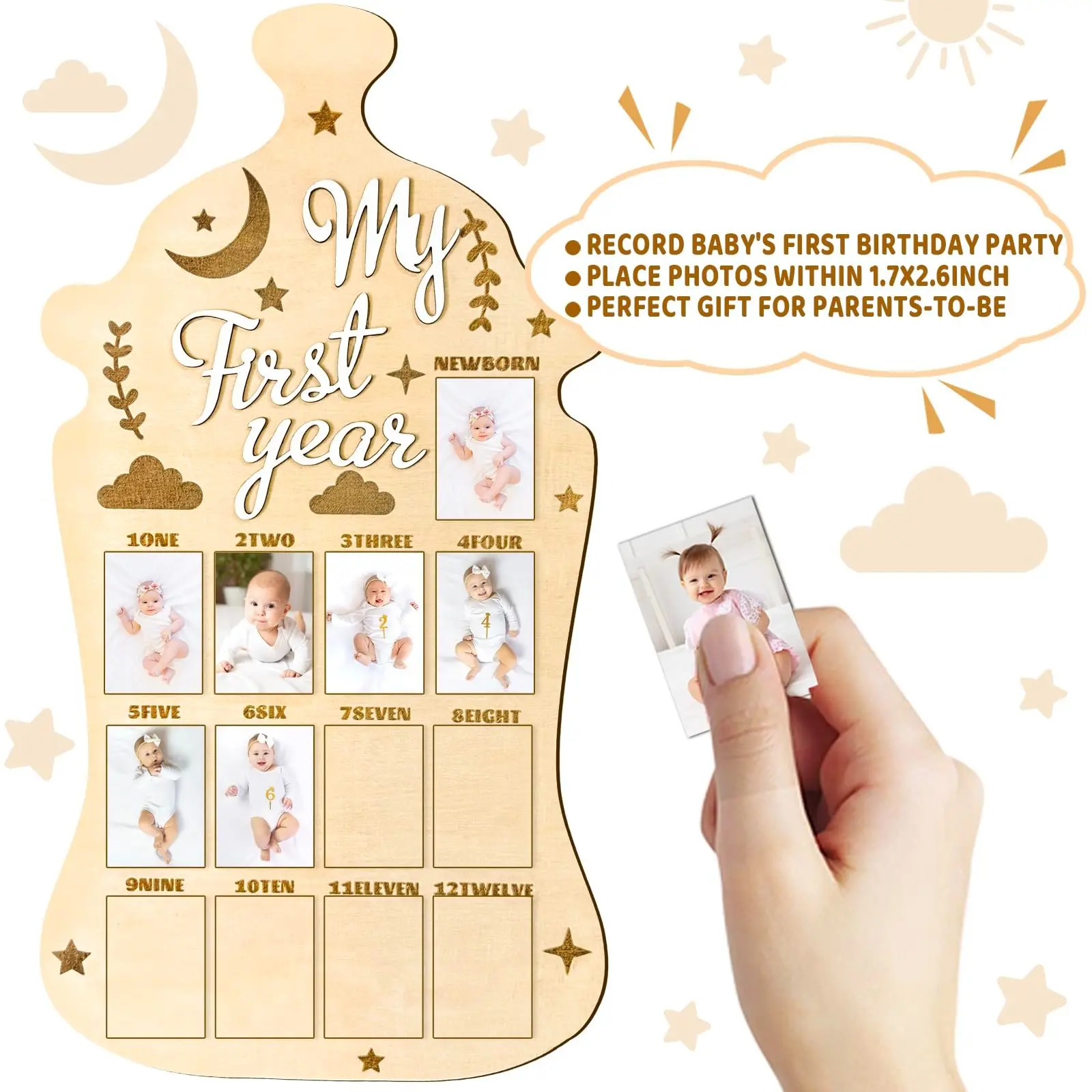 Baby First Year Newborn Photo Frame Milk Bottle Shape, Wooden Growth Record Frame for 1-12 Months, Milestone Display Board Gift