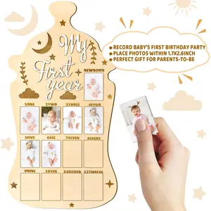 Baby First Year Newborn Photo Frame Milk Bottle Shape, Wooden Growth Record Frame for 1-12 Months, Milestone Display Board Gift
