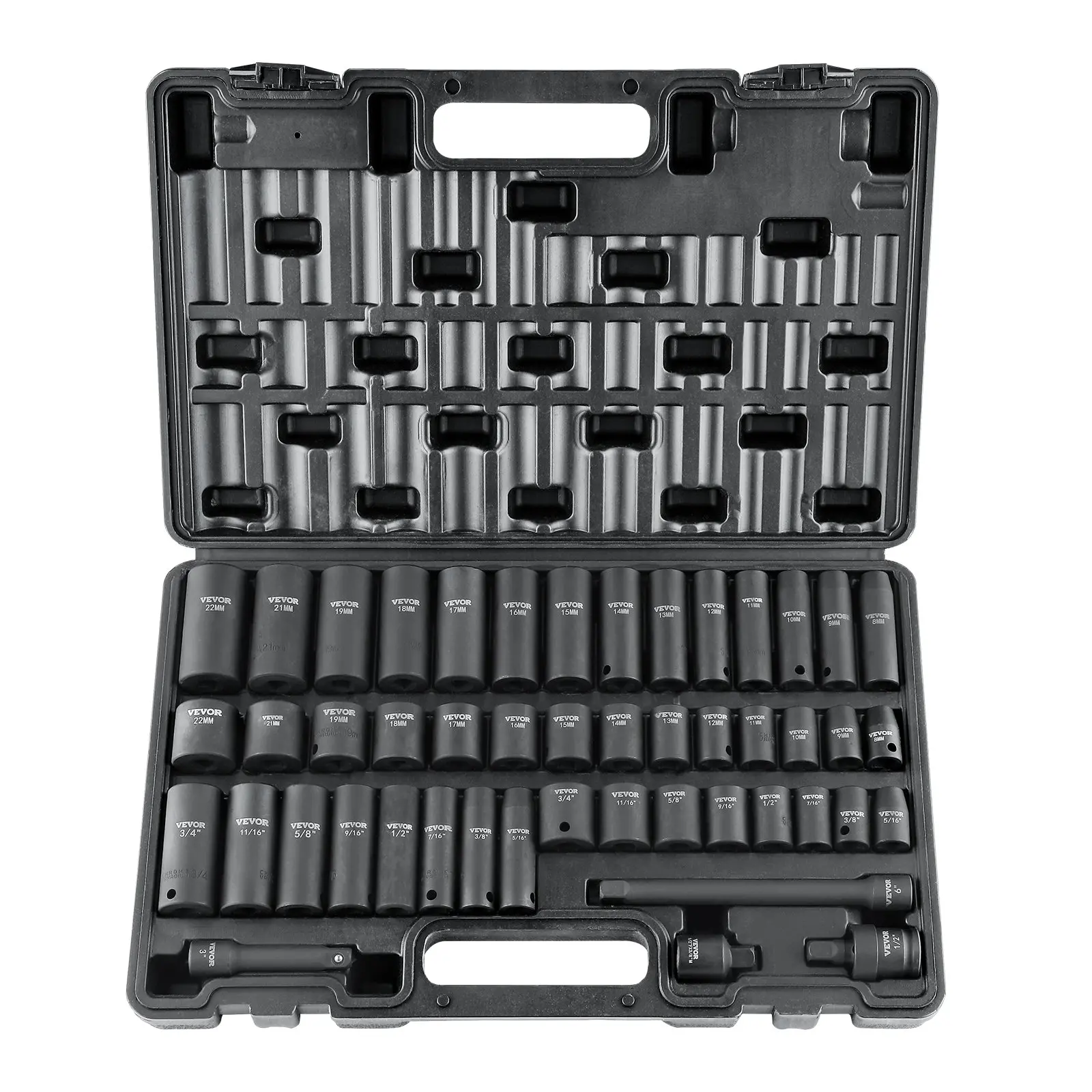 【Summerfinds】VEVOR 3/8" Drive Impact Socket Set, 48-Piece Alloy Steel Kit with SAE (5/16"-3/4"), Metric (8-22mm) 6-Point Cr-V Sockets, Drive Extension Bar, Universal Joint & Power Drill Adapter, Includes Storage Case