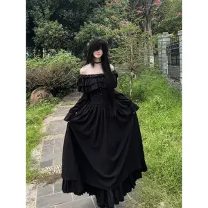 French Gothic Black Off-Shoulder Ruffled Long Dress Women Vintage Elegant Party Evening Dress New Design Retro Slim  Clothing