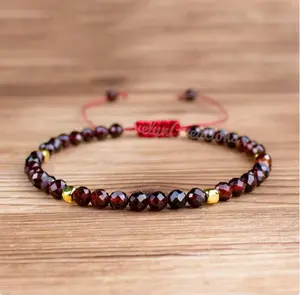 Natural Faceted Red Garnet Stone January Birthstone Healing Bracelet for Women Men , Handmade Tibetan 4mm Red Crystal Beads and Braided Design