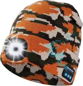 Bluetooth Beanie with Light, Musical Knit Hat with Headphones and Built-in Speaker Mic, Gifts for Men Women Dad