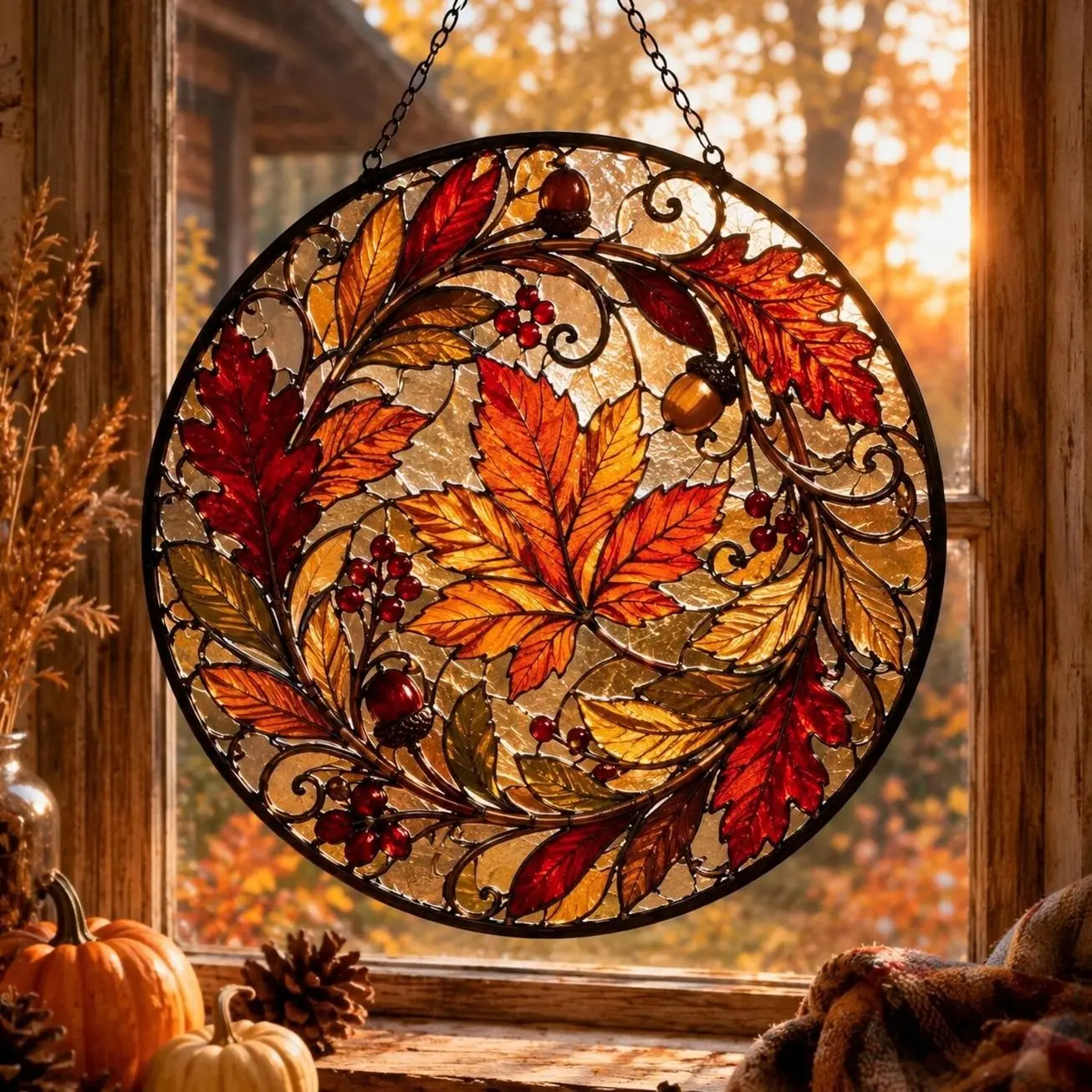 Autumn Maple Leaf Stained Glass Suncatcher, Fall Window Hanging Decor, Acorn Sun Catcher, Thanksgiving Harvest Gift