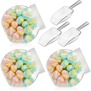Plastic Candy Jar with Lid for Candy Buffet, 42 oz Clear, with Mini Acrylic Kitchen Scoop, for Kitchen Counter Decorative (4 Sets)