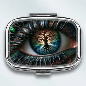 Portable Fantasy Eye Tree Theme Pill Box, 2 Compartment Medicine & Vitamin Storage, Travel Pocket Size Gift, Wallet Pill Case