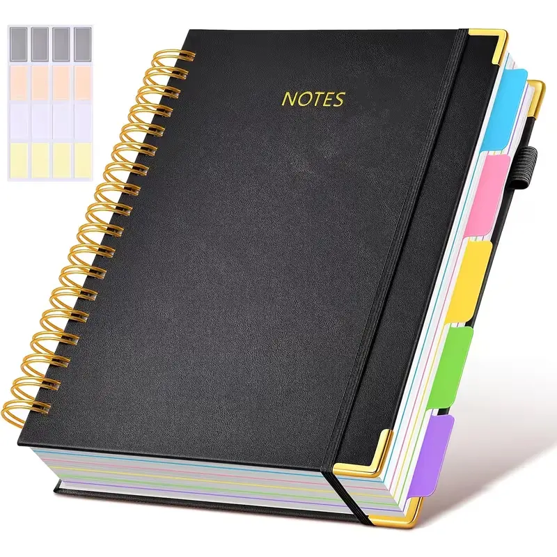 Spiral notebook for notes with colorful labels and gold binding, for organized writing and planning