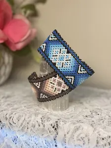Huichol Hermosas Pulceras Handcrafted Beaded Bracelets with Unique Blue and Brown Patterns for Boho Style