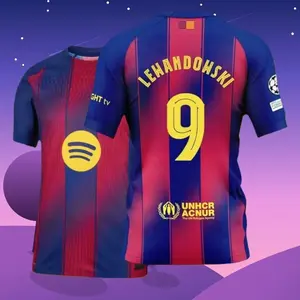 25 26 Home Red And Blue 9# Robert Lewandowski Short Sleeve Soccer Jersey Fans Version S