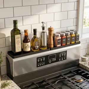 Silicone Magnetic Stove Top Shelf 30 Inch Spice Rack Organizer for Kitchen Stove Seasoning Storage Black
