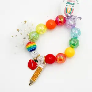 Rainbow Pencil & Apple Charm Bracelet