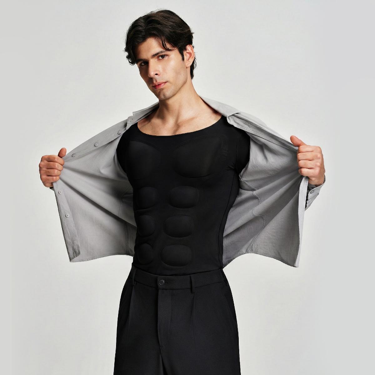 【Nebility】 Men’s Invisible Seamless Muscle-Enhancing T-Shirt with Removable Muscle Pads and Light Compression Function, Suitable for Everyday Wear, Cosplay, and Special Occasions SpringStatements