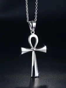 Egyptian Cross Ankh Life Key Pendant Necklace, Stainless Steel Color Amulet Religious Necklace, Gift for All Seasons, Casual Style