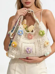 Sweet and atmospheric, practical texture flower woven tote bag, hollowed out design, retro fashionable and fresh artistic style single shoulder crossbody bag, suitable for beach vacations, dates, parties, Artsy Bag