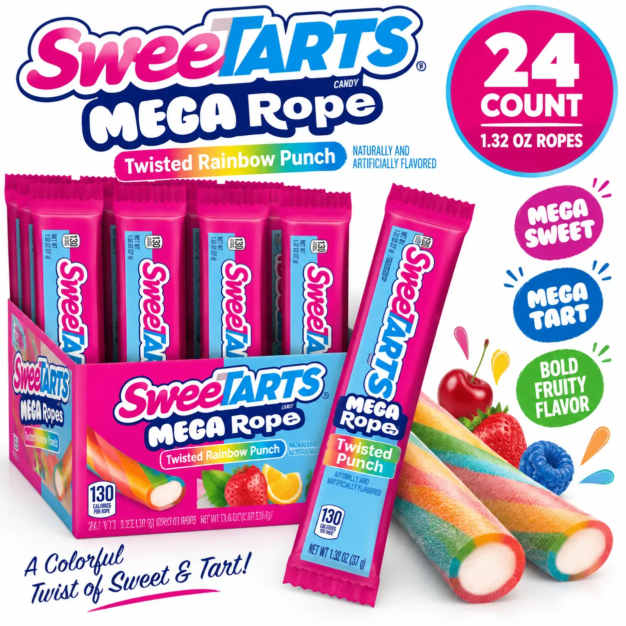 SweeTARTS Mega Ropes Twisted Rainbow Punch Flavor Soft Tangy Fruity Chewy Candies, 1.32 oz, 24-Count Snack Pack