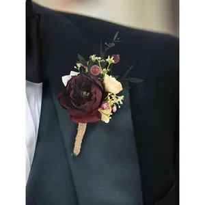 Rinlong Boutonnieres Burgundy Wedding Flower Ornaments