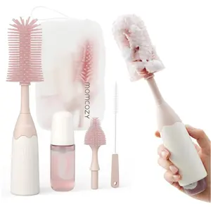 Momcozy Bottle Brush Kit, Innovative Push-Press Design for Better Cleaning - Baby Bottle Cleaner Brush for Baby Bottle, Breast Pumps, Nipples, and More - Can Generate Foam for Better Cleaning, Pink