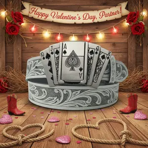 Men's Western-style belt, featuring a vintage denim and playing card pattern buckle, and a lighter case shaped like the Ace of Spades playing card (lighter fluid not included). A perfect Valentine's Day gift.