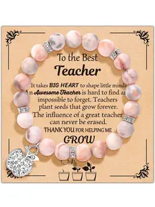 Teacher Appreciation Beads Natural Stone Apple Bee Charm Bracelet with Message Card, Adjustable Cord Teacher Meaningful Gift, School Season Gift