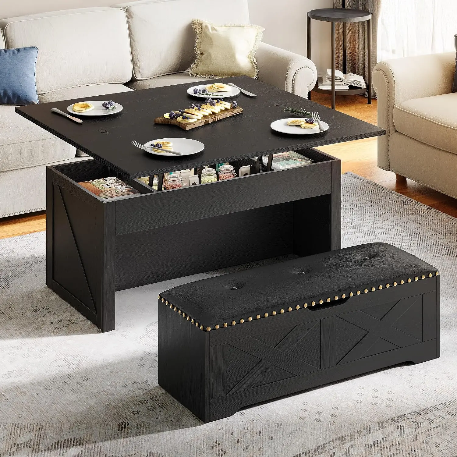 YITAHOME 4-in-1 Convertible Lift Top Coffee Table Set with Storage Ottoman Bench, Wheels & Hidden Compartment, Farmhouse Look Indoor Living Room Furniture, Black, Convertible Table