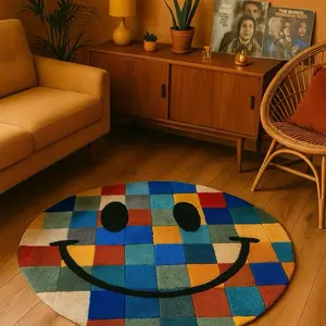Checkered Smiley Face Rug - Colorful Patchwork Design for Cozy Living Spaces