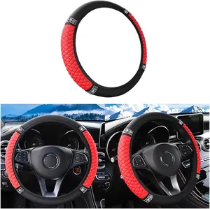 Bling Elastic  Steering Wheel Cover,  Rhinestones PU Leather  Steering Wheel Protecter for Women Girls, Soft Auto Interior Accessories, Universal for Sedan, RV,  (Red)