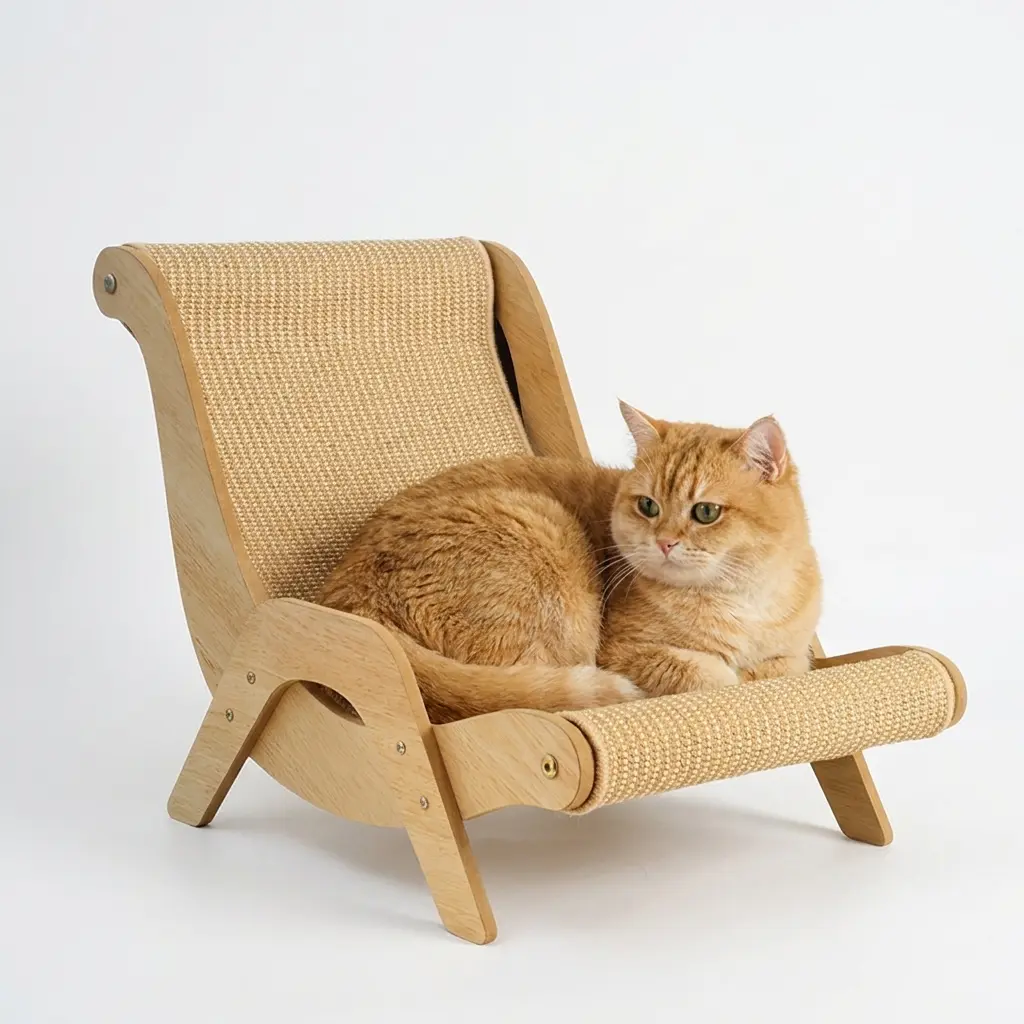 Adjustable Wooden Frame Cat Hammock Bed with Sisal Scratch Pad, Natural Look Reclined Shape Elevated Lounge Furniture, Indoor Camping-Style Sleeping & Playing Gear (Holds up to 20 lbs)