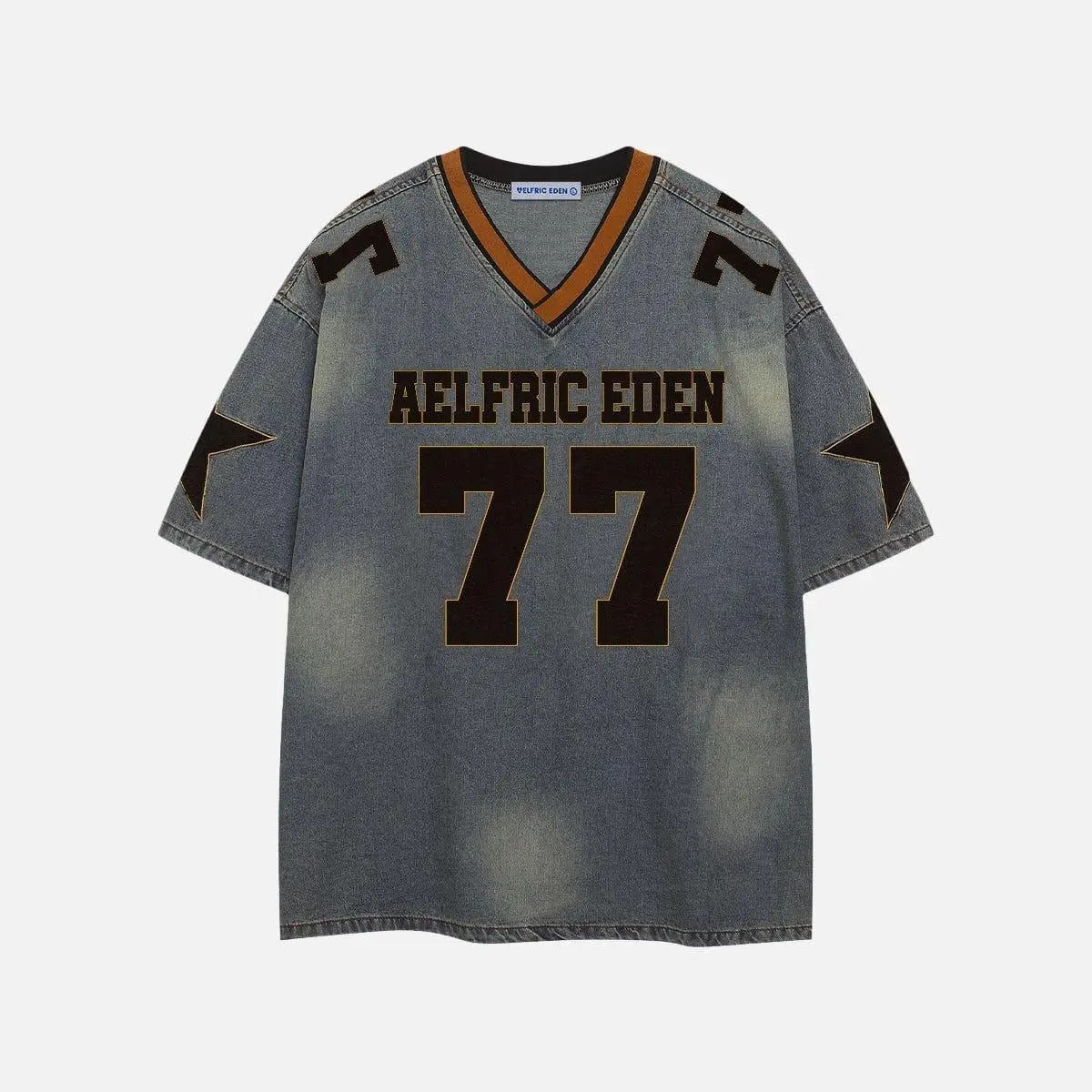 Aelfric Eden Men's Oversized V-Neck Cotton Denim Tshirt - Short Sleeve, 77 Number Star Print, Retro Washed, Casual Graphic Tee, Vintage Street Style Menswear Top