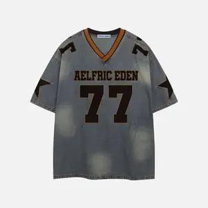 Aelfric Eden Men's Oversized V-Neck Cotton Denim Tshirt - Short Sleeve, 77 Number Star Print, Retro Washed, Casual Graphic Tee, Vintage Street Style Menswear Top