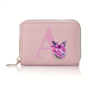 Butterfly & Flower Pattern Letter Design Card Holder, 1 Count Elegant Faux Leather Compact Card Holder with Zipper, fashionable card holder, Party Gift for Women & Girls