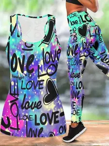 Women's Plus Size 2-Piece Sports Clothing Set, Trendy Comfort Vest & Yoga Leggings with Blurred Graffiti Heart Print, Versatile for Valentine's Day & Casual Gatherings