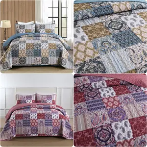 3 Pieces Paisley Quilted Bedspread Set Queen King Size Patchwork Plaid Bedding Sets Rose Red/Navy Blue Boho Soft Microfiber Coverlet Quilt Set for All Season