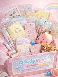 CloudyBun Kawaii Stationery Gift Box – Cute Journaling & Desk Set | Sticky Notes, Washi Tapes, Pens & Stickers